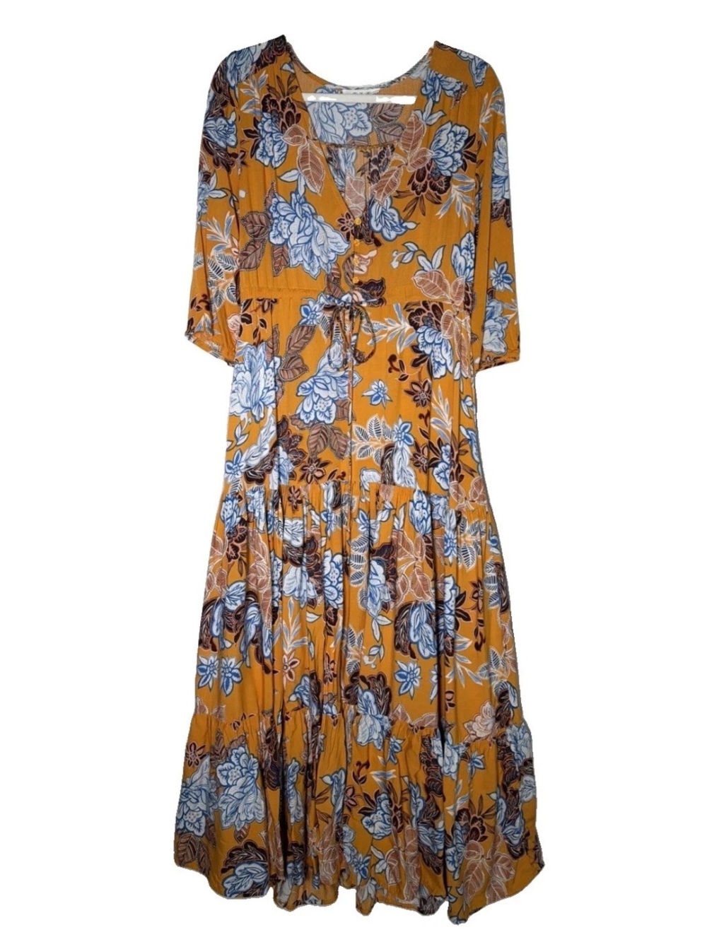 Abel The Label Mango Magic Mustard Yellow Floral Tiered Maxi Dress Boho Size XS